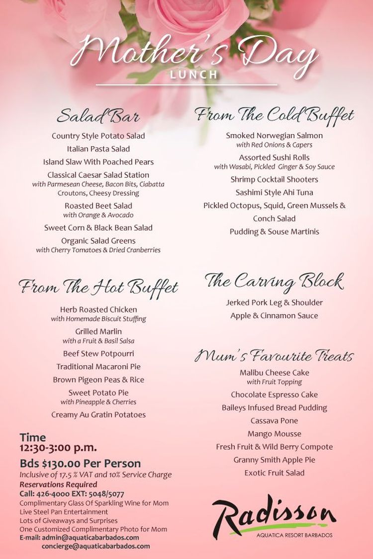 Mother's Day Lunch at The Radisson Aquatica What's On In Barbados